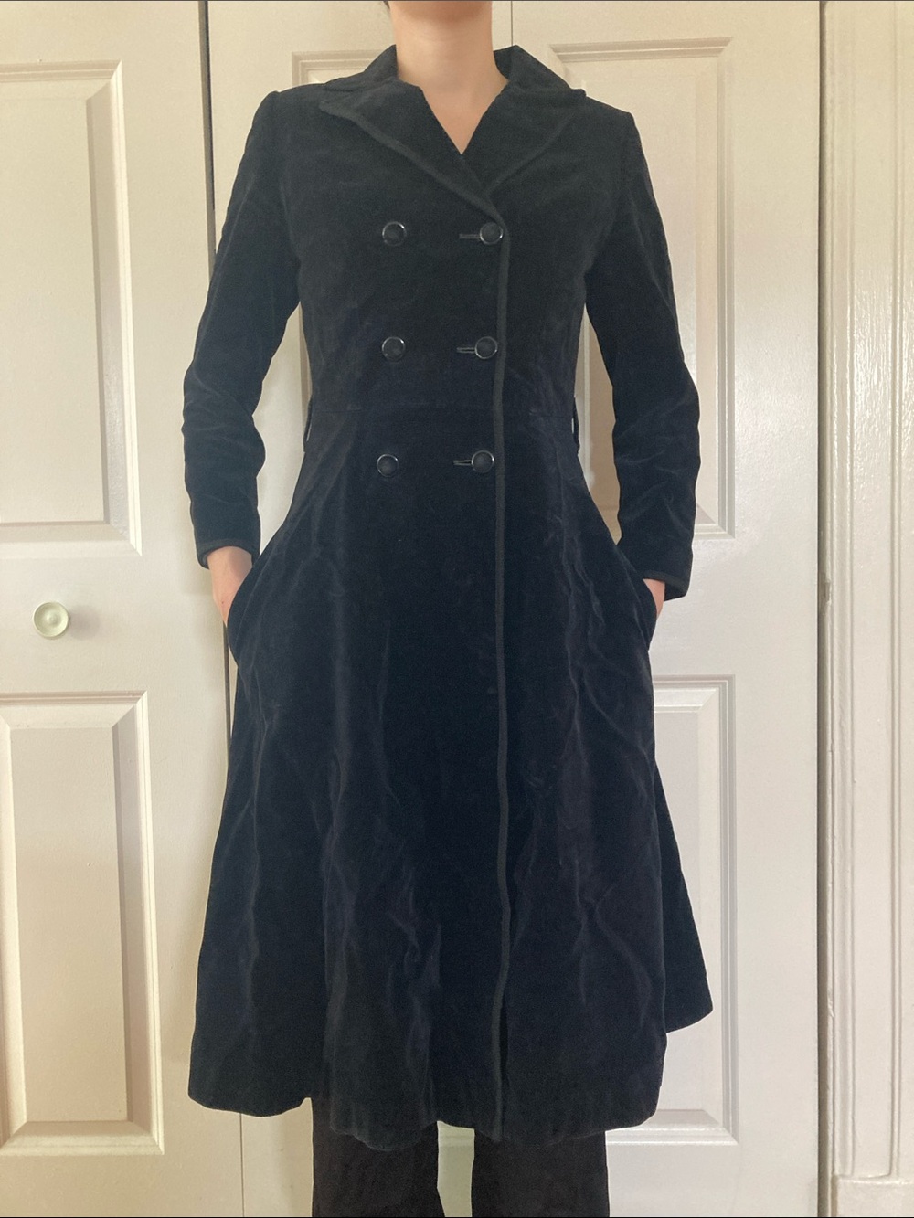 Beautifully Tailored Double-Breasted Black Velvet Pea Coat